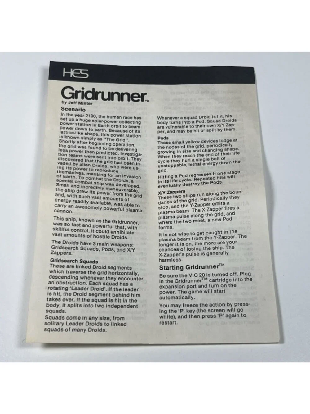 Vintage VIC-20 Gridrunner HES C312 Jeff Minter Cartridge w/ Instruction Sheet